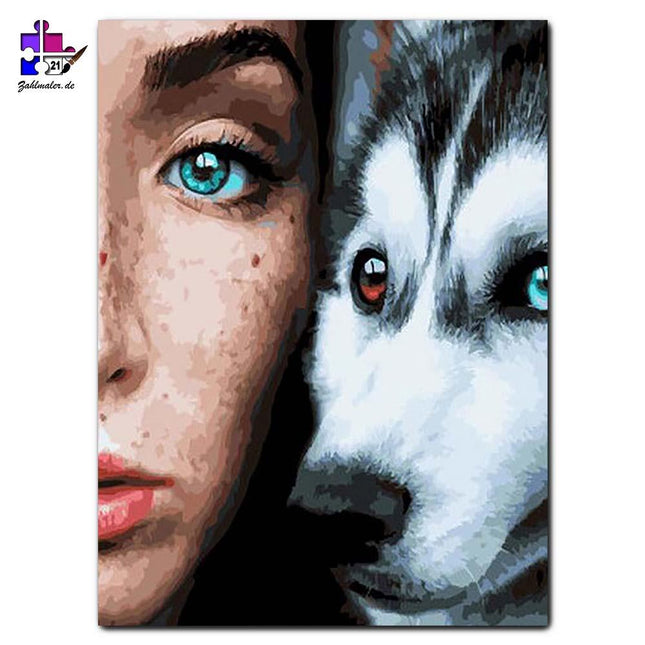 Husky's blaue Auge animiert Mädchen | Malen nach Zahlen-Zahlmaler.de