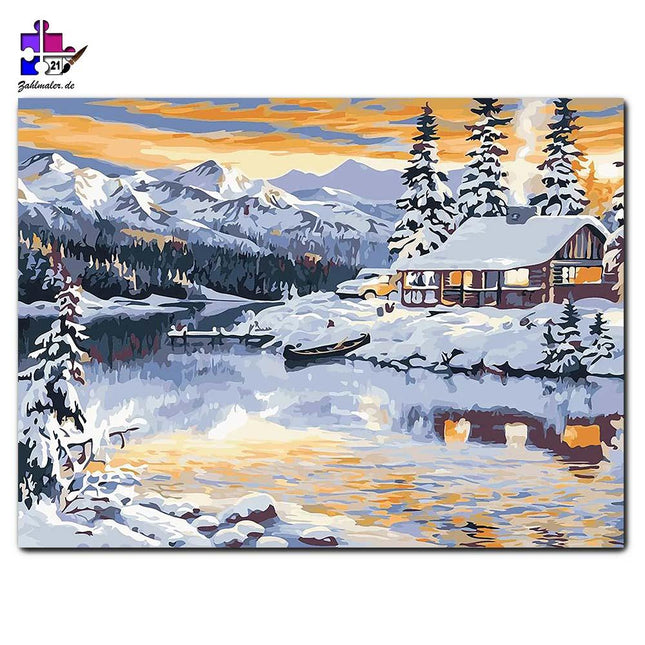 Hütte am Alpensee zu Sonnenuntergang | Malen nach Zahlen-Zahlmaler.de