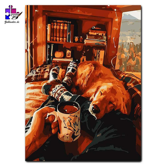 Idylle in der Hütte - Golden Retriever und Kaffee | Malen nach Zahlen-Zahlmaler.de