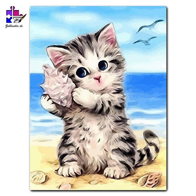 Kätzchen und das Meeresrauschen aus der Muschel | Malen nach Zahlen-Zahlmaler.de