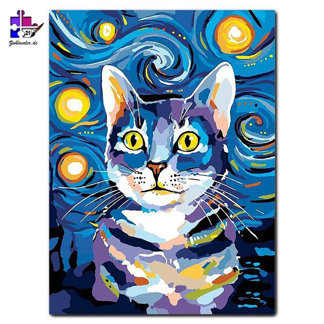 Katze getarnt vor Sternelandschaft | Malen nach Zahlen-Zahlmaler.de