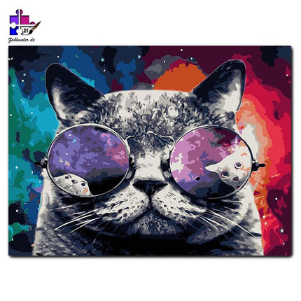 Katze im Kosmos mit Sonnenbrille | Malen nach Zahlen-Zahlmaler.de