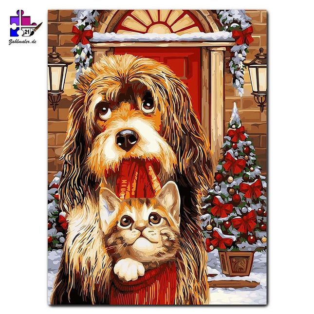 Katzenbaby vom Hund getragen | Malen nach Zahlen-Zahlmaler.de