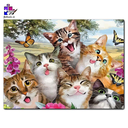 Katzenkinder jagen Schmetterlinge | Malen nach Zahlen-Zahlmaler.de