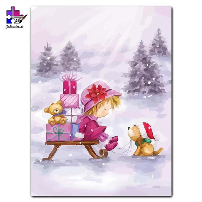 Kind auf Schneeschlitten vom Hund gezogen | Malen nach Zahlen-Zahlmaler.de