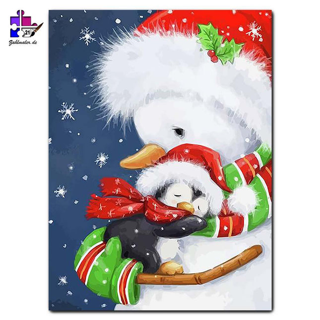 Kleine Pinguine brauchen Trost vom Schneemann | Malen nach Zahlen-Zahlmaler.de