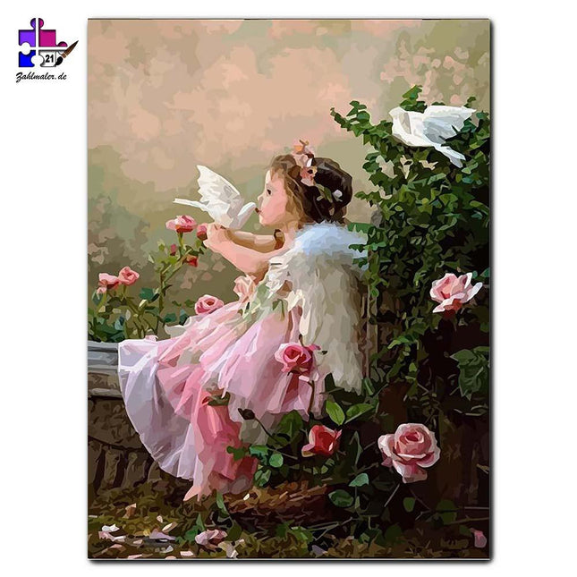 Kleiner Engel mit weißen Tauben | Malen nach Zahlen-Zahlmaler.de