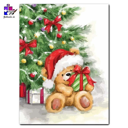 Kleiner Teddybär unterm Weihnachtsbaum | Malen nach Zahlen-Zahlmaler.de