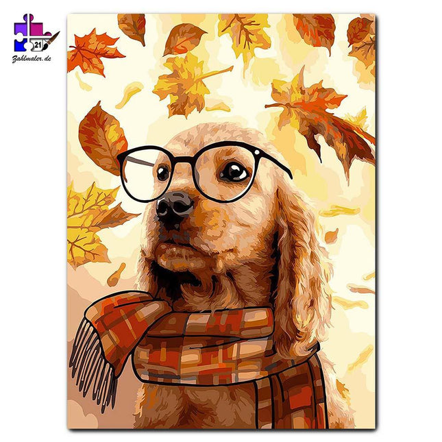 Kluger Welpe im Herbst | Malen nach Zahlen-Zahlmaler.de