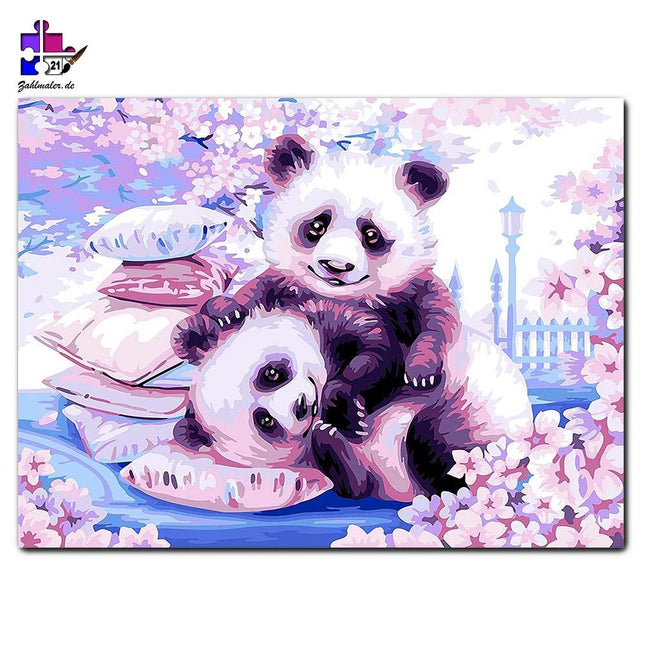Kuschelige Pandas zwischen Kirschblüten | Malen nach Zahlen-Zahlmaler.de