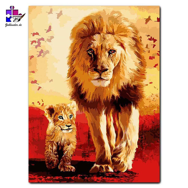 Löwen Papa mit seinem Jungen im Sonnenuntergang | Malen nach Zahlen-Zahlmaler.de
