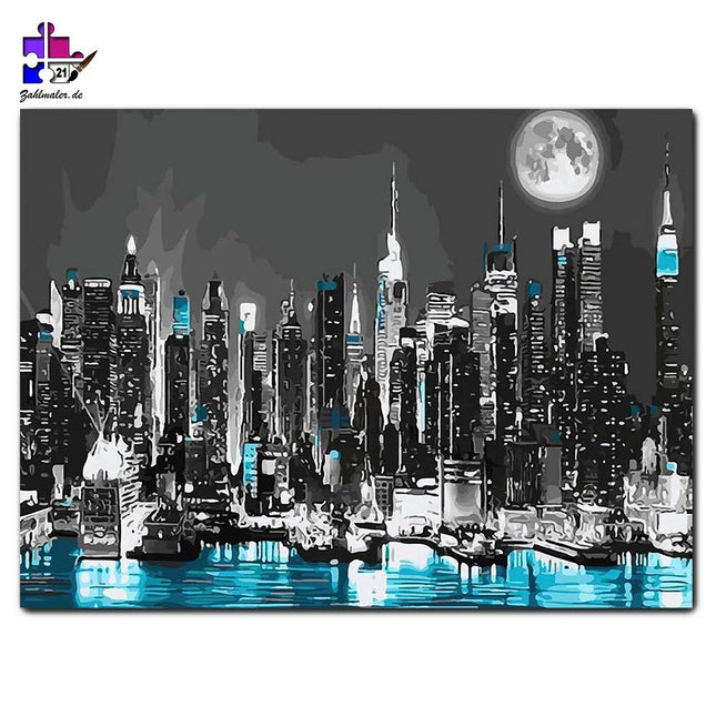Nächtliche Skyline mit blauem Wasser - schwarz-weiß | Malen nach Zahlen-Zahlmaler.de