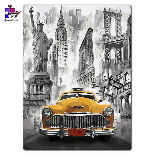 New York schwarz - weiß mit gelbem Retrotaxi | Malen nach Zahlen-Zahlmaler.de