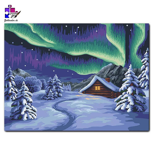 Nordlichter über der verschneiten kleinen Hütte | Malen nach Zahlen-Zahlmaler.de