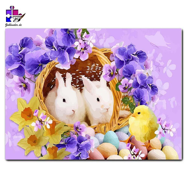 Osterhasen im Korb mit gelbem Küken | Malen nach Zahlen-Zahlmaler.de