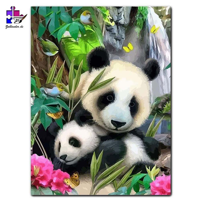 Panda Familie im Bambusgarten | Malen nach Zahlen-Zahlmaler.de