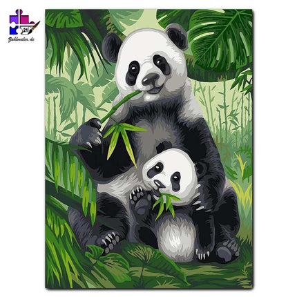 Pandas beim Bambusfrühstück - stilisiert | Malen nach Zahlen-Zahlmaler.de
