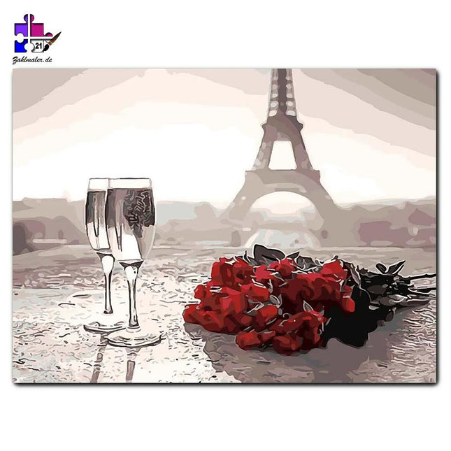 Paris schwarz-weiß mit roten Rosen | Malen nach Zahlen-Zahlmaler.de