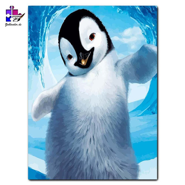 Pinguin-Küken vor dem Eisloch | Malen nach Zahlen-Zahlmaler.de