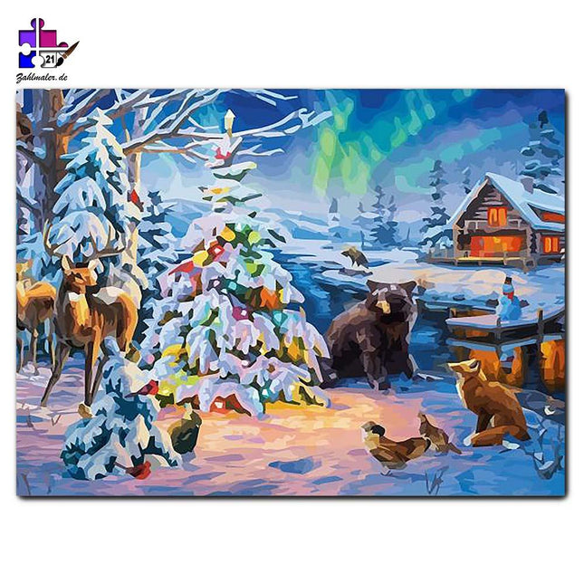 Polarlichter über dem Weihnachtsbaum des Waldes | Malen nach Zahlen-Zahlmaler.de