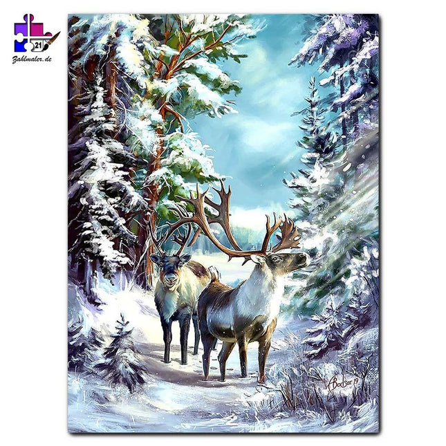 Rentiere im verschneiten Zauberwald | Malen nach Zahlen-Zahlmaler.de
