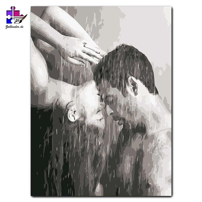 Romantische Berührung im Regen - schwarz-weiß | Malen nach Zahlen-Zahlmaler.de