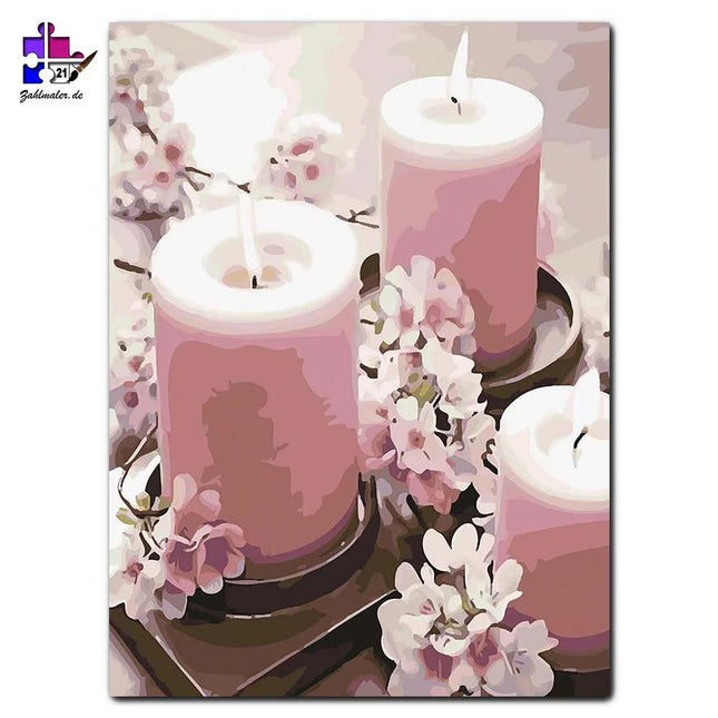 Rosa Kerzen mit Kirschblüten | Malen nach Zahlen-Zahlmaler.de