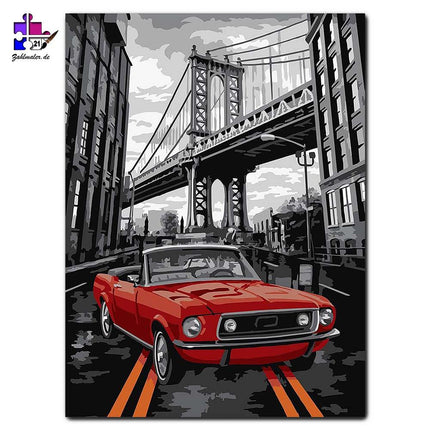 Roter Mustang unter der Manhattan Brücke | Malen nach Zahlen-Zahlmaler.de