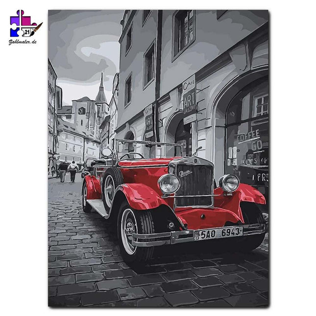 Roter Oldtimer auf den Straßen - schwarz-weiß | Malen nach Zahlen-Zahlmaler.de