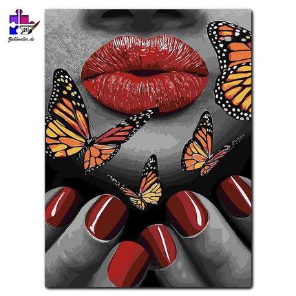 Schmetterlinge und rote Lippen - schwarz-weiß | Malen nach Zahlen-Zahlmaler.de