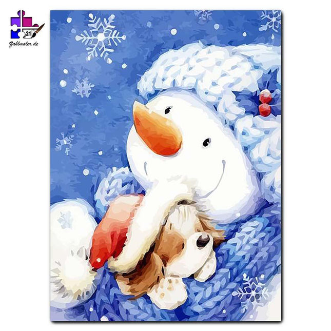 Schneemann und sein Freund der kleine Hund | Malen nach Zahlen-Zahlmaler.de
