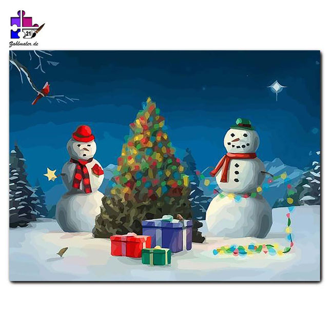 Schneemänner in stiller Nacht mit Weihnachtsbaum | Malen nach Zahlen-Zahlmaler.de