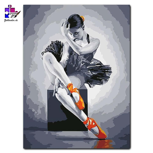 Schwarz - weiße Balletttänzerin mit orangen Ballettschuhen | Malen nach Zahlen-Zahlmaler.de