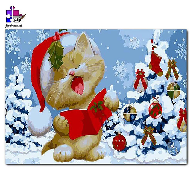 Singende weiße Katze vor Weihnachtsbaum | Malen nach Zahlen-Zahlmaler.de