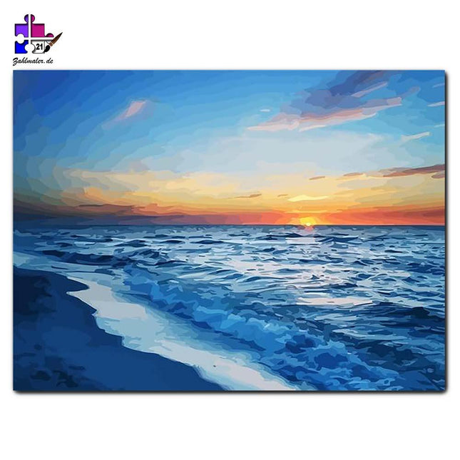 Sonnenuntergang auf blauen Wellen | Malen nach Zahlen-Zahlmaler.de