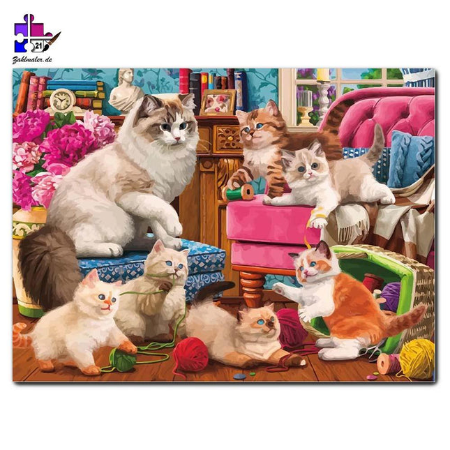 Spielende Katzenfamilie mit Wollknäuel | Malen nach Zahlen-Zahlmaler.de