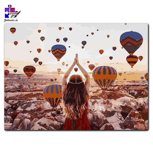Spirituelle Frau und Heißluftballons | Malen nach Zahlen-Zahlmaler.de