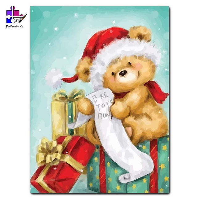 Teddybär im Weihnachstmann-look mit Wunschliste | Malen nach Zahlen-Zahlmaler.de