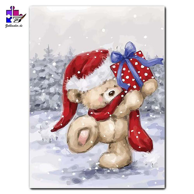 Teddybär im Weihnachstmann-look und sein Geschenk | Malen nach Zahlen-Zahlmaler.de