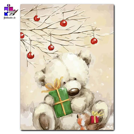 Teddybär mit Geschenken im Schneefall | Malen nach Zahlen-Zahlmaler.de
