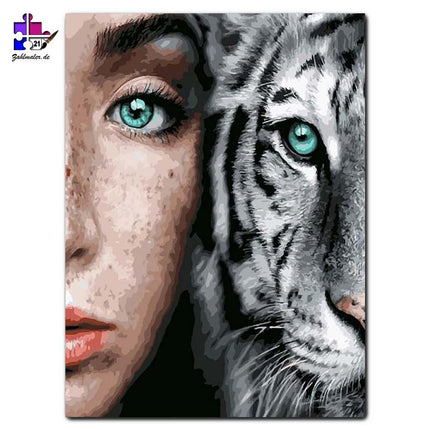 Tiger und Mädchen mit grünen Augen | Malen nach Zahlen-Zahlmaler.de