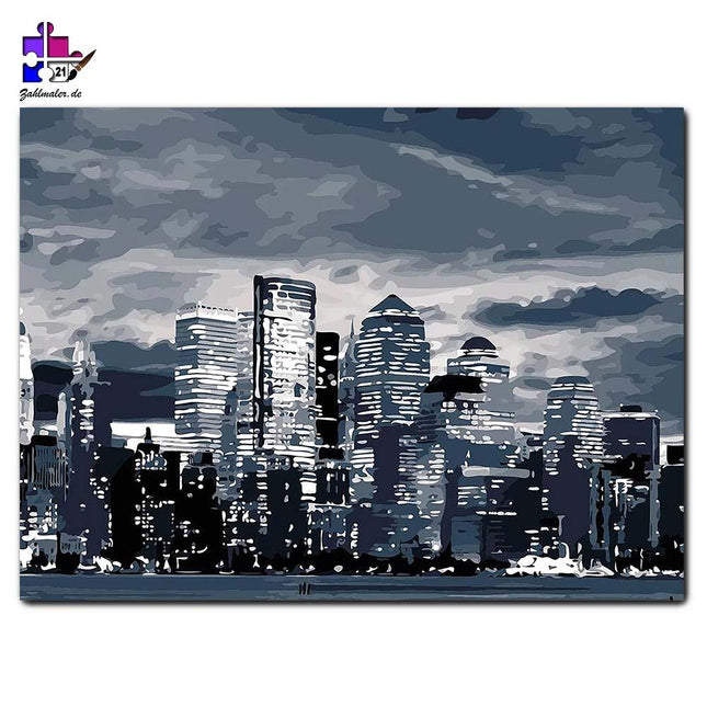 Ufer von New York bei Nacht - schwarz-weiß | Malen nach Zahlen-Zahlmaler.de