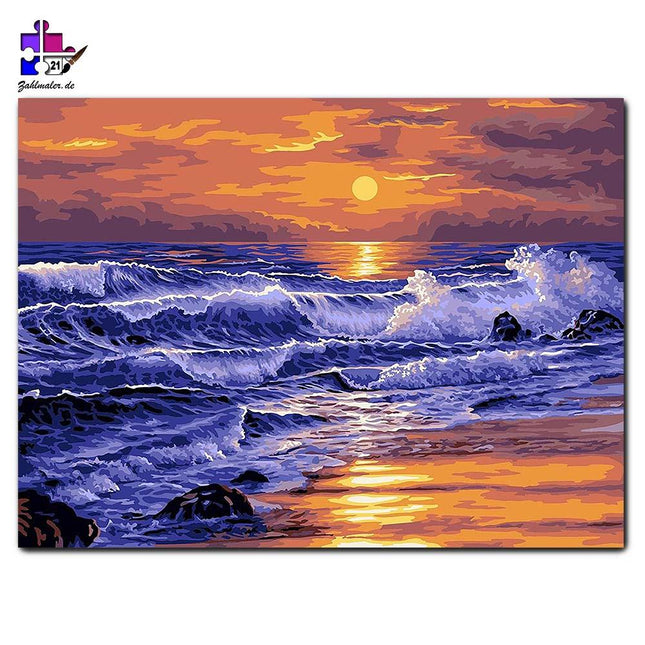 Unruhige Wellen im Sonnenuntergang | Malen nach Zahlen-Zahlmaler.de