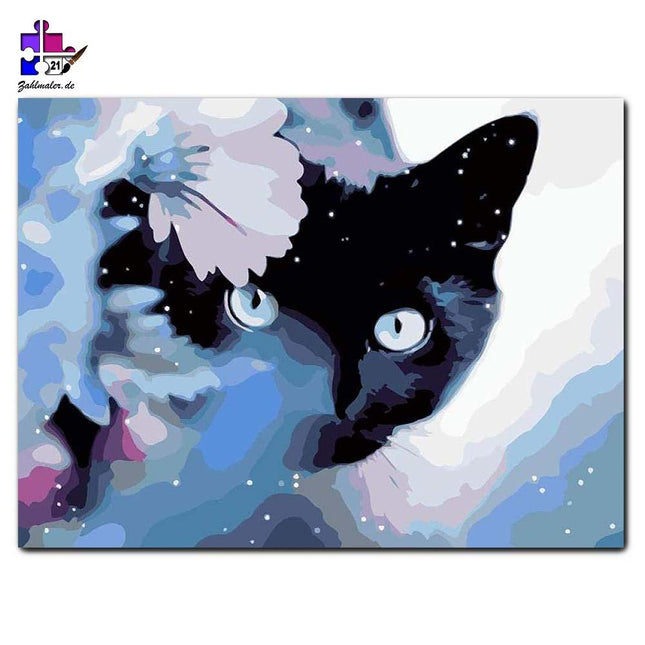 Verschwommene schwarze Katze im Schneefall | Malen nach Zahlen-Zahlmaler.de