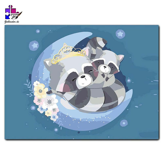 Waschbärenpaar am Mond | Malen nach Zahlen-Zahlmaler.de