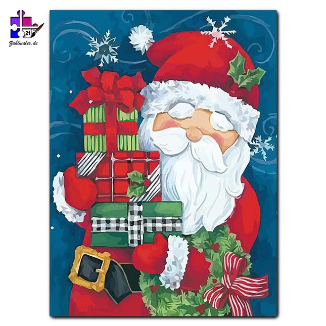 Weihnachtsmann und der Geschenkestapel | Malen nach Zahlen-Zahlmaler.de