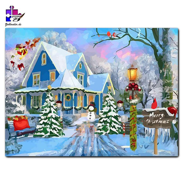 Weihnachtsschlitten über dem schneebedeckten Haus | Malen nach Zahlen-Zahlmaler.de