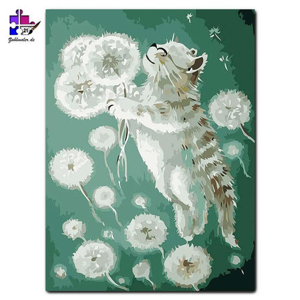 Weiße Katze fliegend mit Pusteblumen | Malen nach Zahlen-Zahlmaler.de