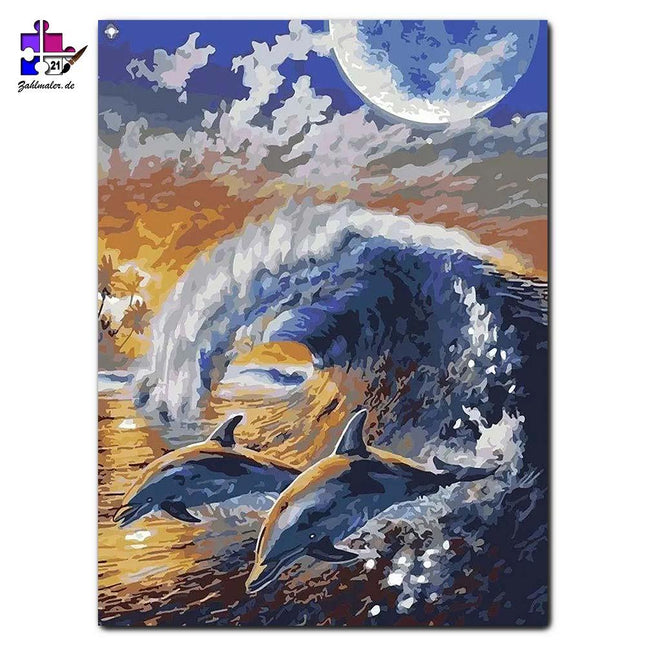 Wellenreiter Delfine im Sonnenuntergang | Malen nach Zahlen-Zahlmaler.de
