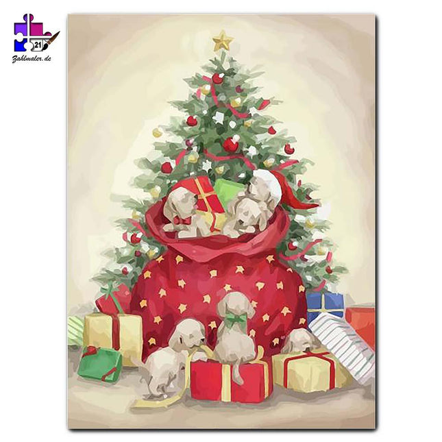 Welpen als Geschenk unter Tannenbaum | Malen nach Zahlen-Zahlmaler.de